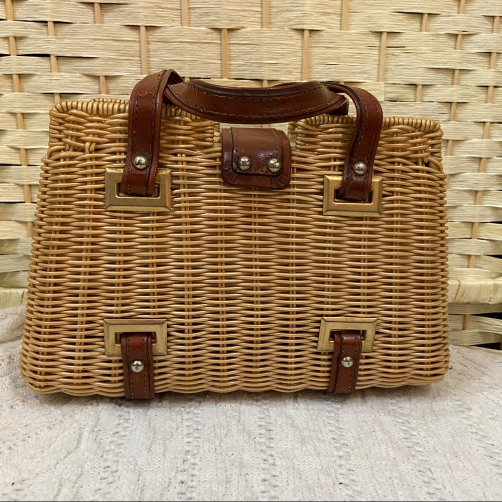 Vintage , 1950s Adoria, Brown Wicker Style Handbag 11in x 7in x 4in