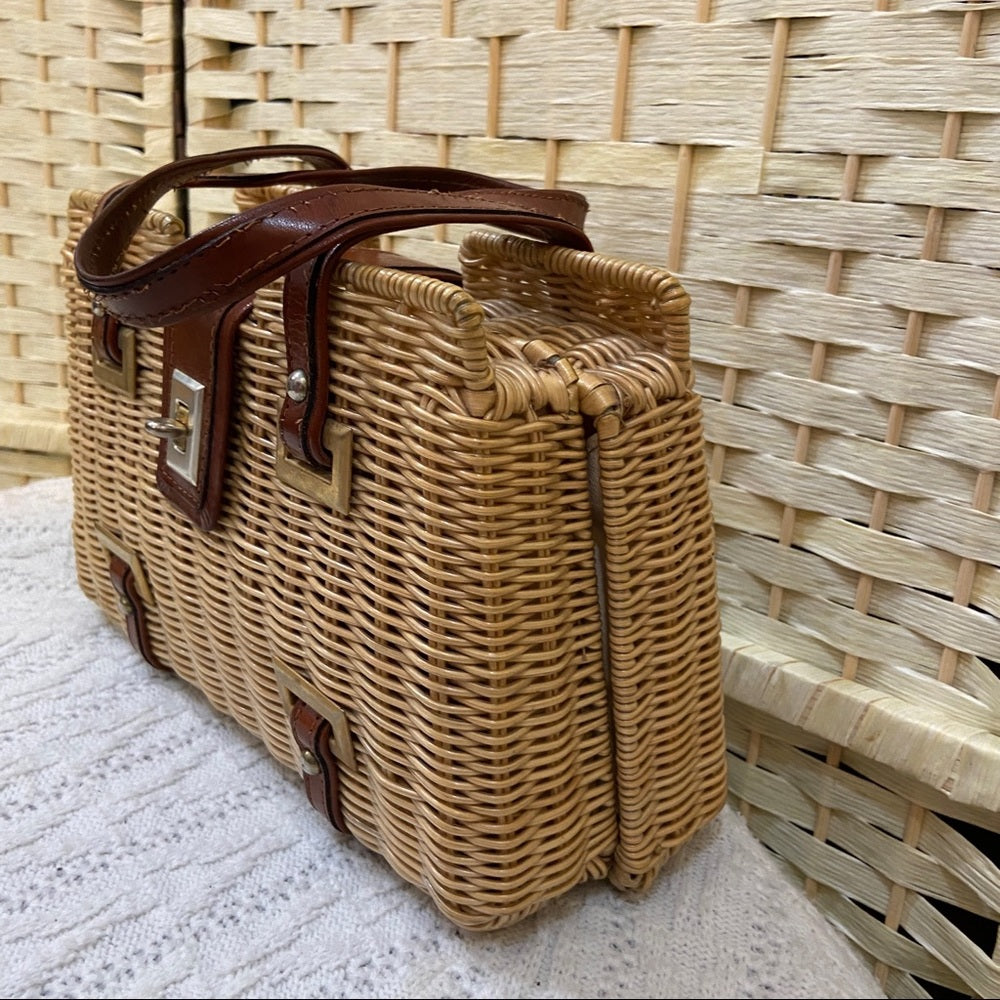 Vintage , 1950s Adoria, Brown Wicker Style Handbag 11in x 7in x 4in