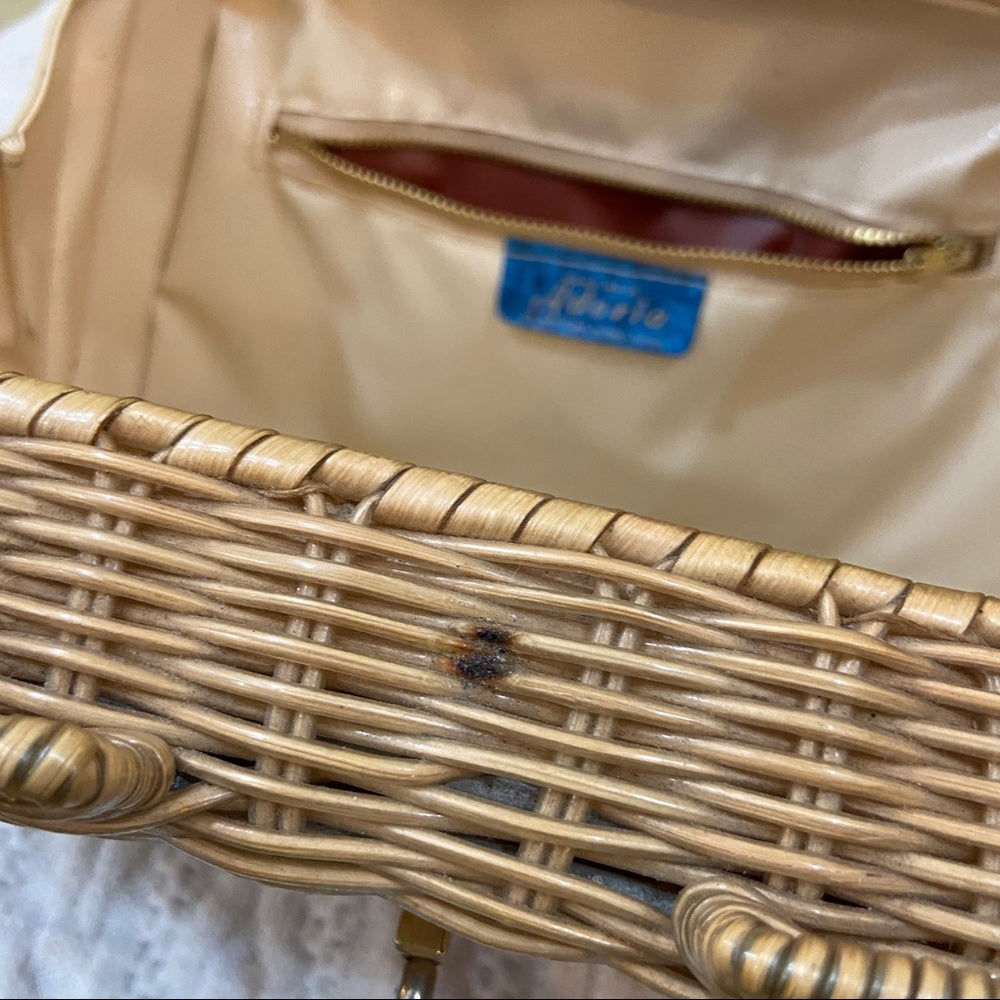 Vintage , 1950s Adoria, Brown Wicker Style Handbag 11in x 7in x 4in
