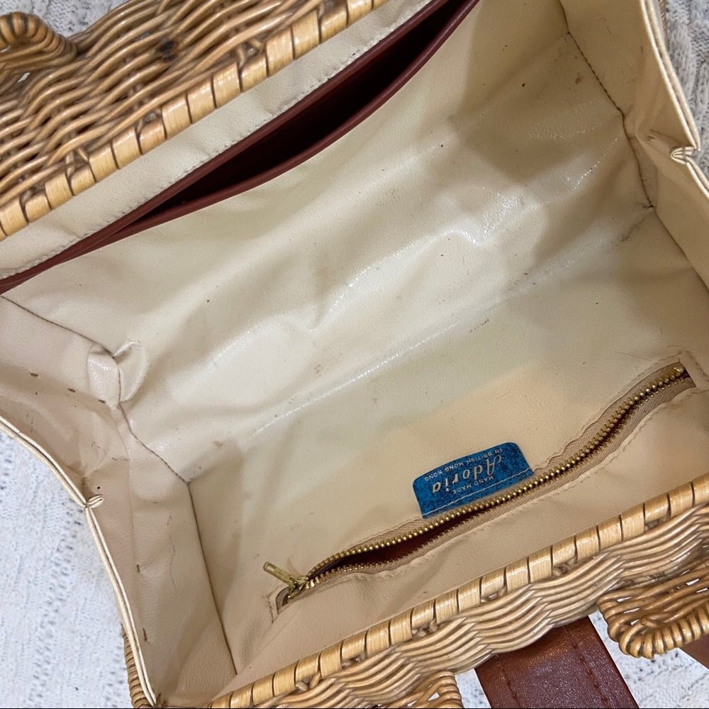 Vintage , 1950s Adoria, Brown Wicker Style Handbag 11in x 7in x 4in