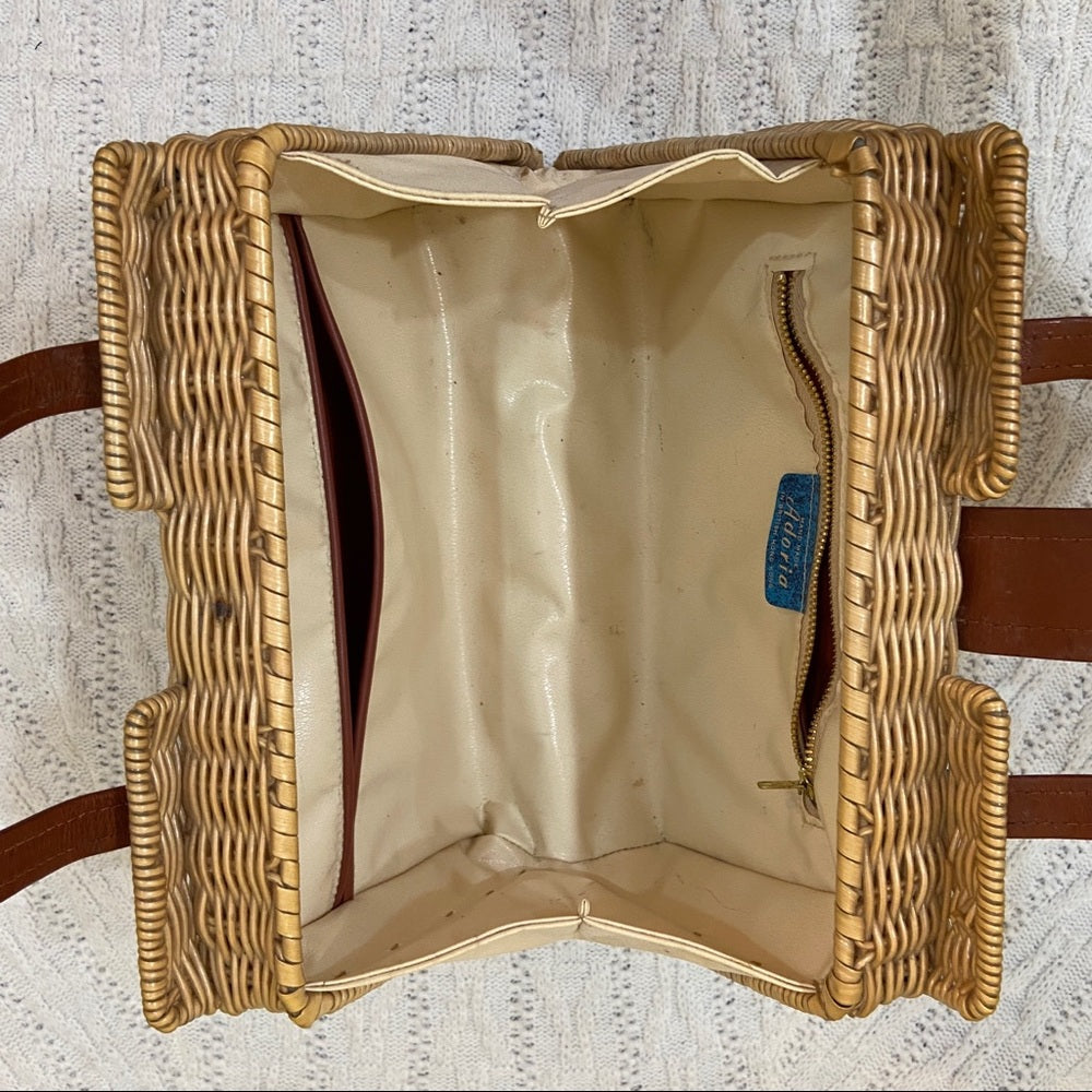 Vintage , 1950s Adoria, Brown Wicker Style Handbag 11in x 7in x 4in