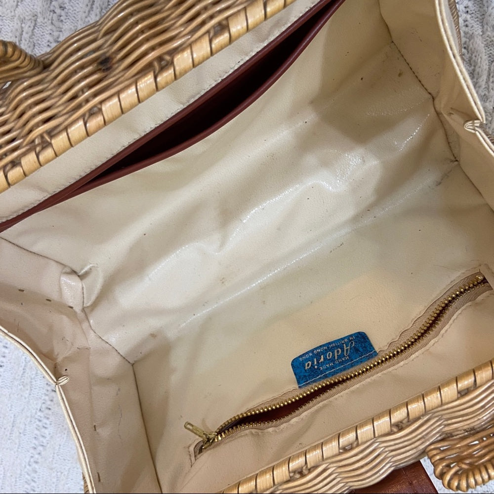 Vintage , 1950s Adoria, Brown Wicker Style Handbag 11in x 7in x 4in