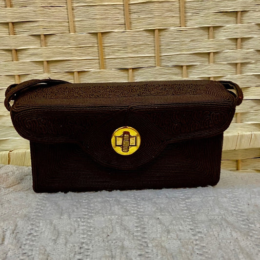 Vintage, 1940-50s Brown Corded Handbag 7.5in x  3.5in x 2.5in