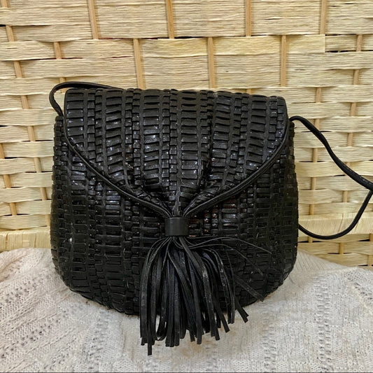 Vintage, 1950s Ganson Black Leather Woven Shoulder Bag 9in x 8in x 1in