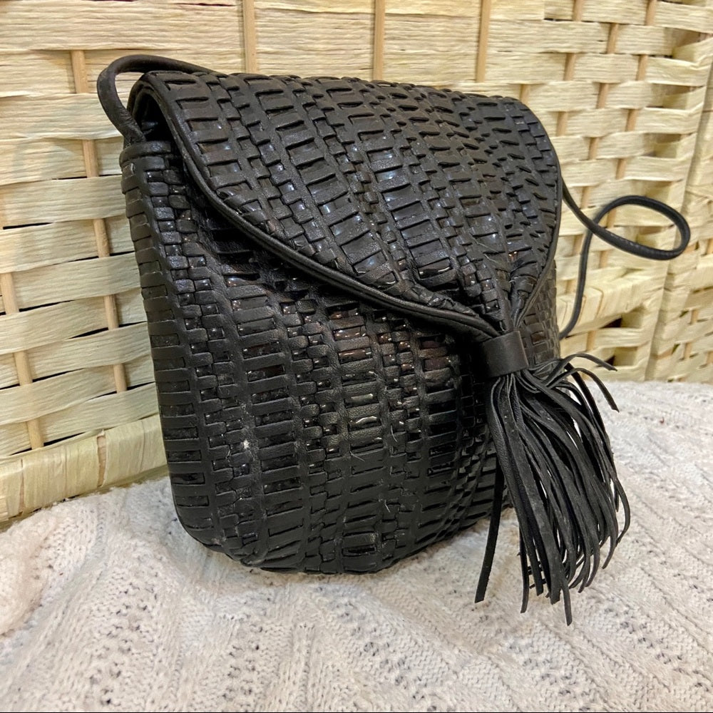 Vintage, 1950s Ganson Black Leather Woven Shoulder Bag 9in x 8in x 1in