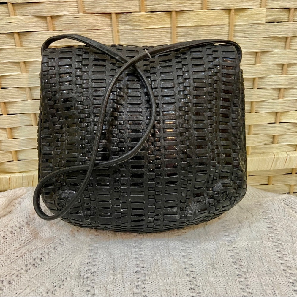Vintage, 1950s Ganson Black Leather Woven Shoulder Bag 9in x 8in x 1in
