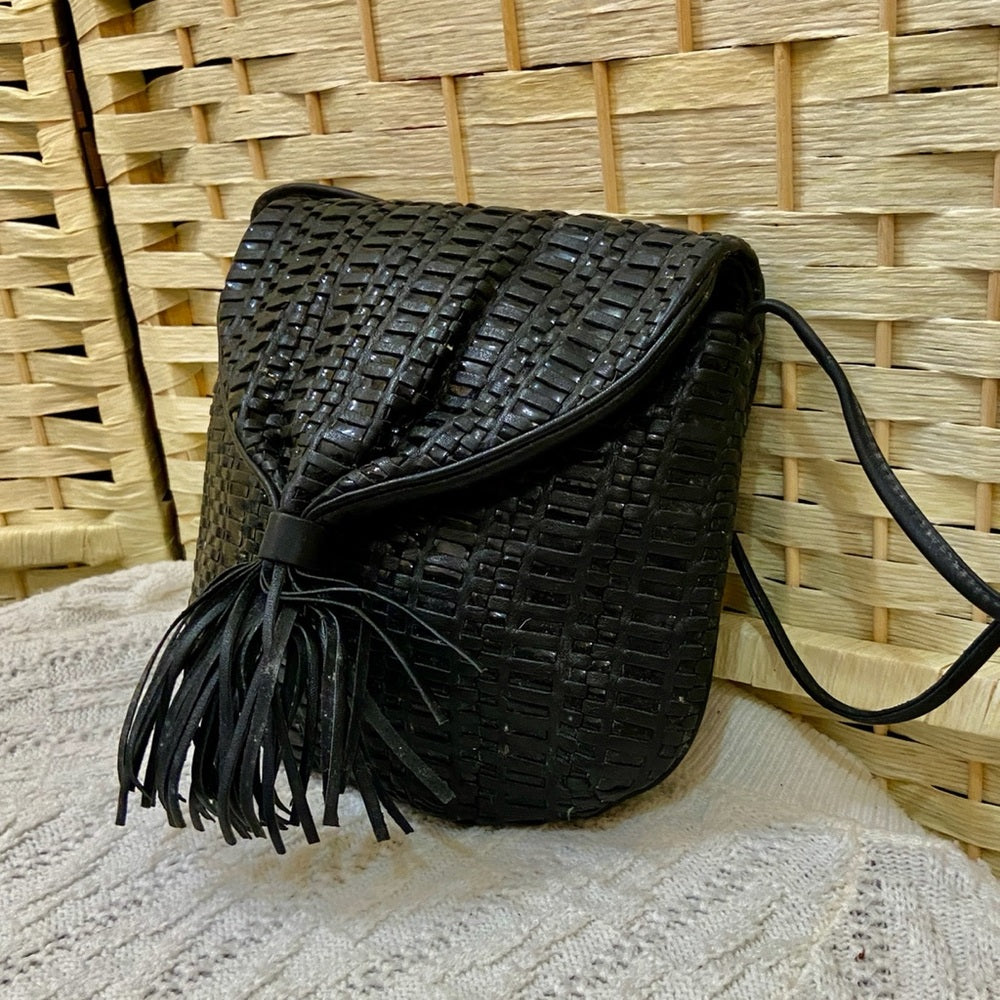 Vintage, 1950s Ganson Black Leather Woven Shoulder Bag 9in x 8in x 1in