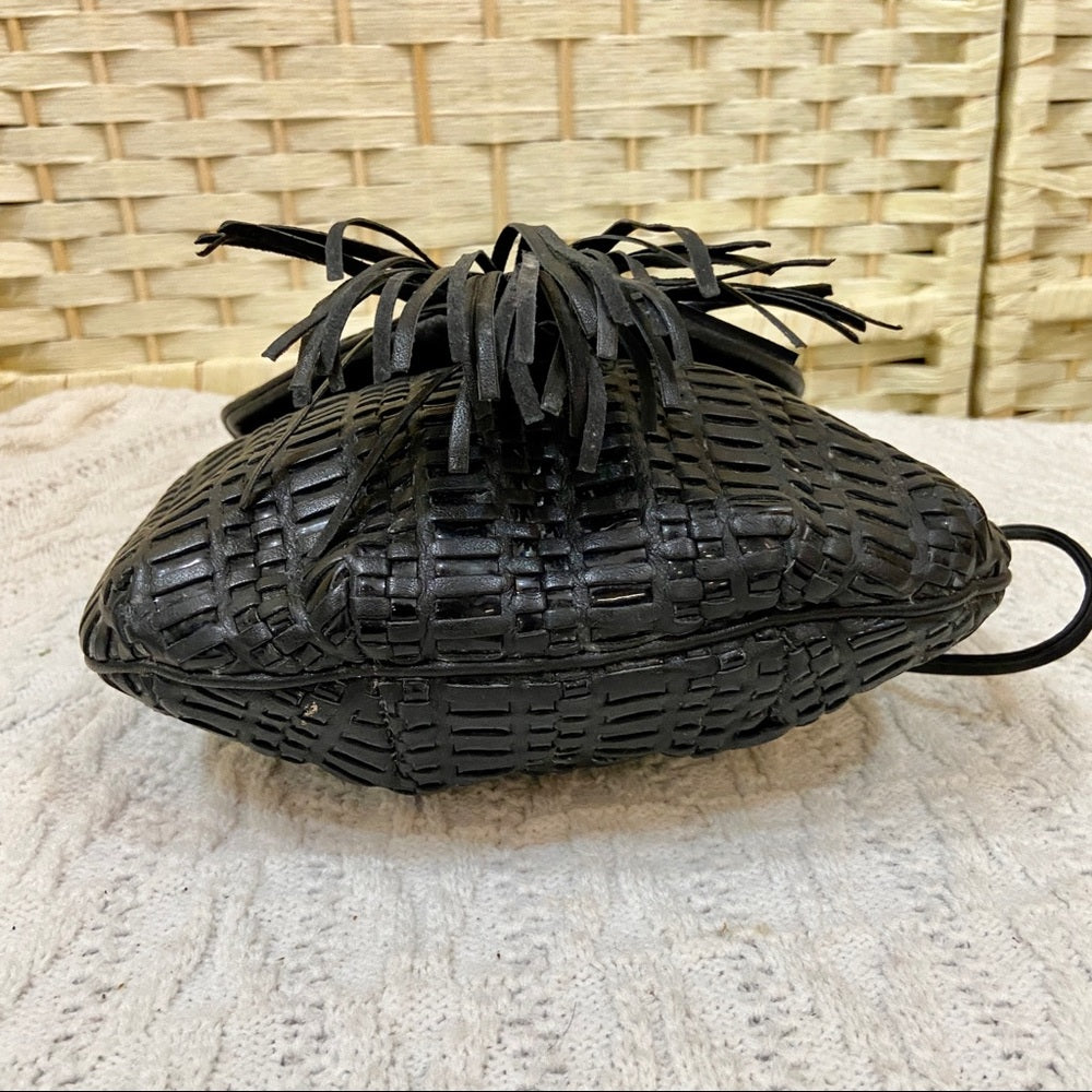 Vintage, 1950s Ganson Black Leather Woven Shoulder Bag 9in x 8in x 1in