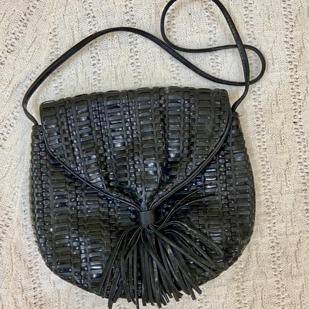 Vintage, 1950s Ganson Black Leather Woven Shoulder Bag 9in x 8in x 1in