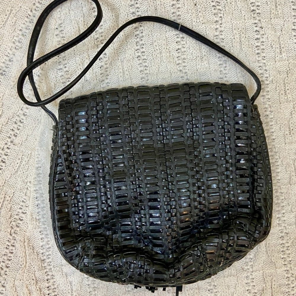 Vintage, 1950s Ganson Black Leather Woven Shoulder Bag 9in x 8in x 1in