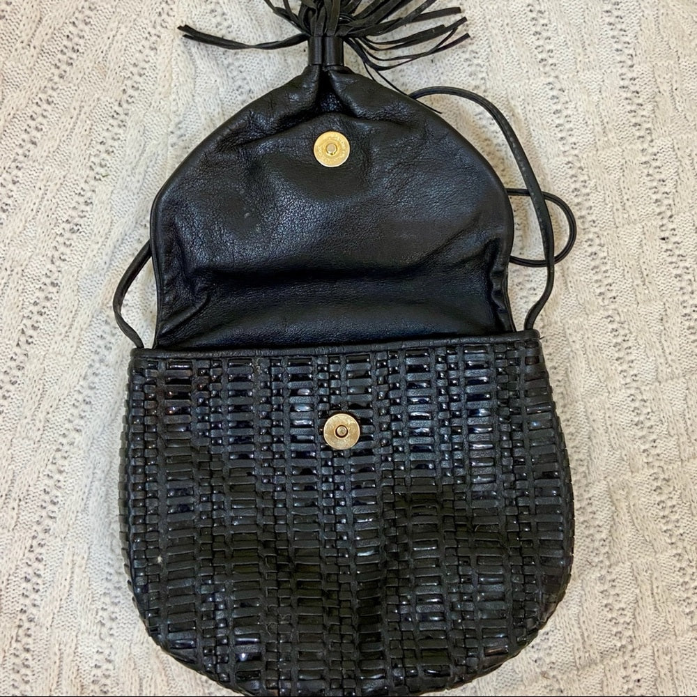 Vintage, 1950s Ganson Black Leather Woven Shoulder Bag 9in x 8in x 1in