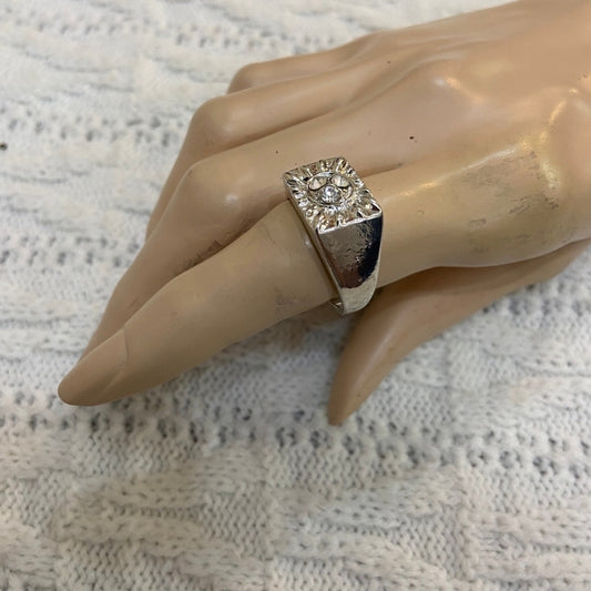 Vintage Silver Unisex-Men's Ring with Rhinestones Size-12