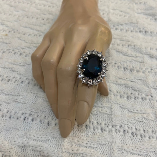 Dark Blue Sapphire Silver Toned Princess Ring Size 7-8