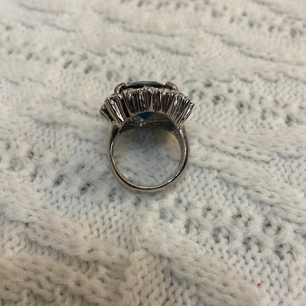 Dark Blue Sapphire Silver Toned Princess Ring Size 7-8
