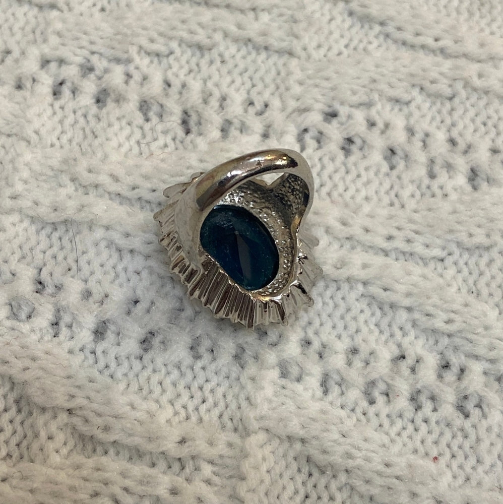 Dark Blue Sapphire Silver Toned Princess Ring Size 7-8