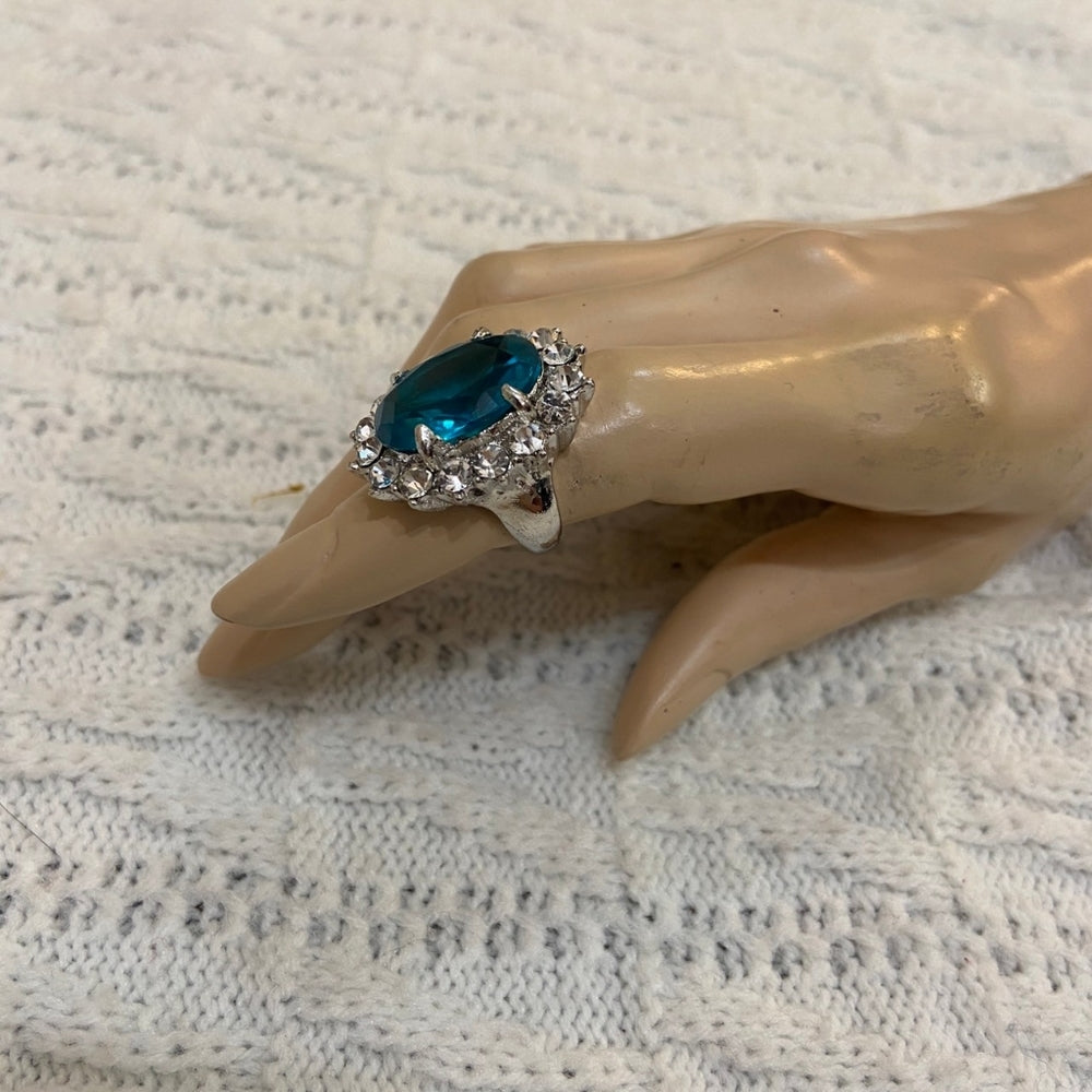 Aquamarine Silver Toned Princess Ring