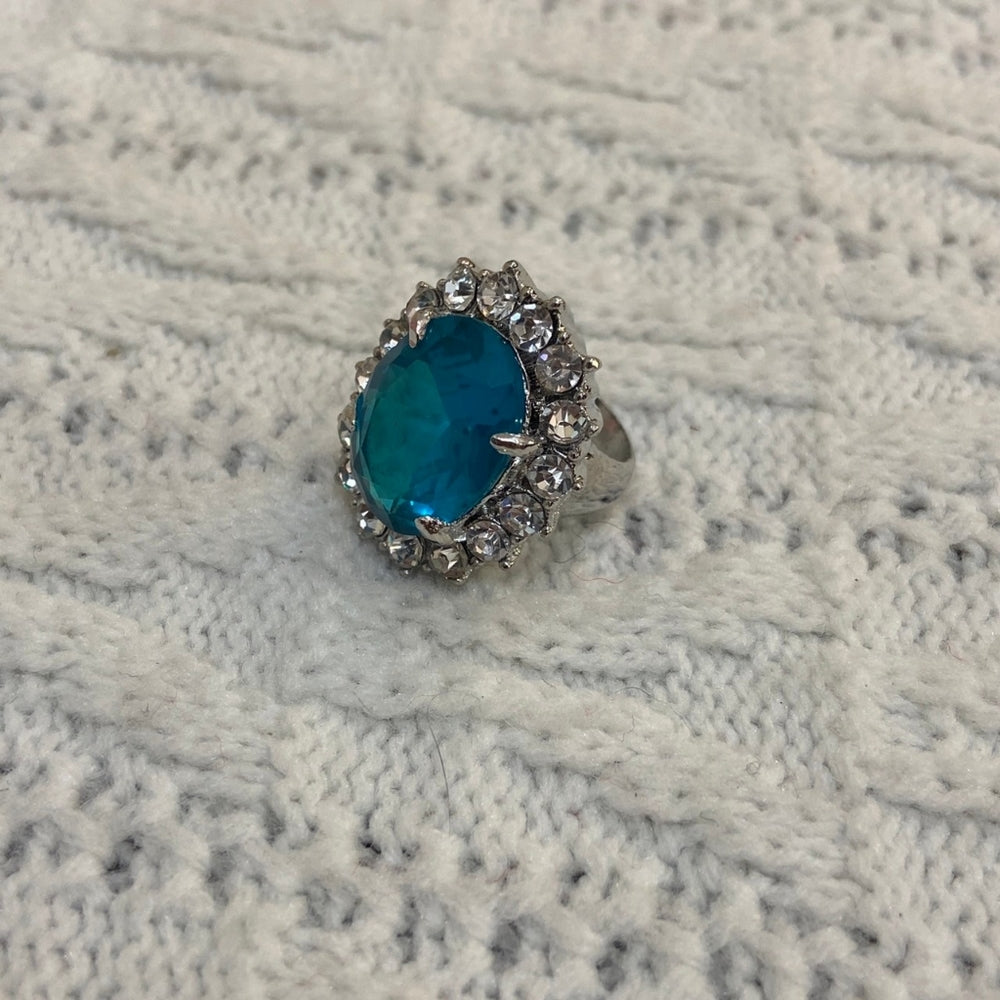 Aquamarine Silver Toned Princess Ring