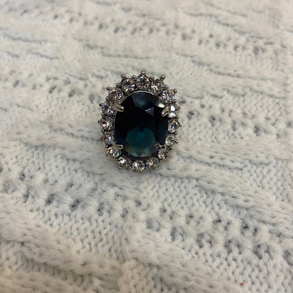 Dark Blue Sapphire Silver Toned Princess Ring - Size 10