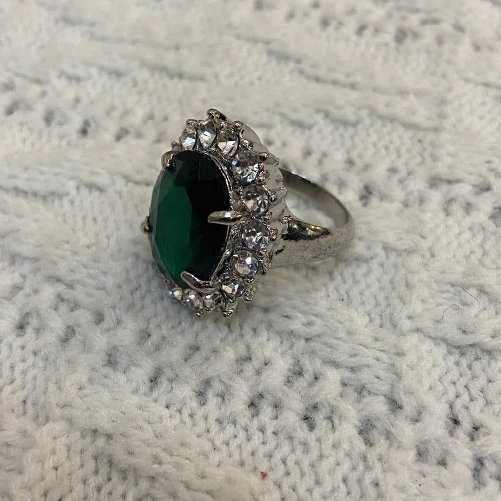 Dark Green Emerald Silver Tone Princess Ring-Size 10