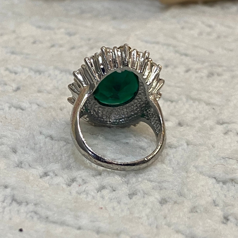 Dark Green Emerald Silver Tone Princess Ring-Size 10