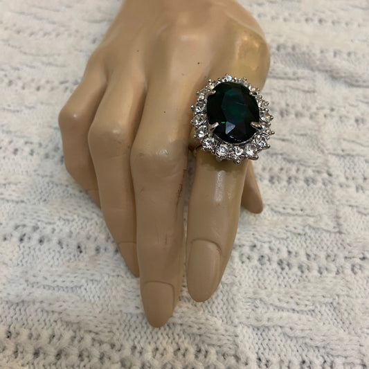 Dark Green Emerald Silver Tone Princess Ring-Size 10