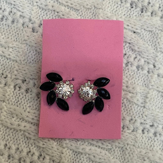Vintage Rhinestone Earrings, Black Clip On Earrings