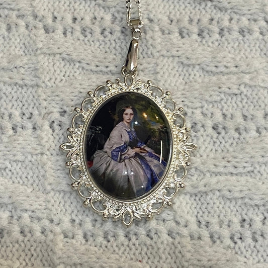 Vintage Style Glass Cabochon Victorian Lady in Purple Pendant Necklace
