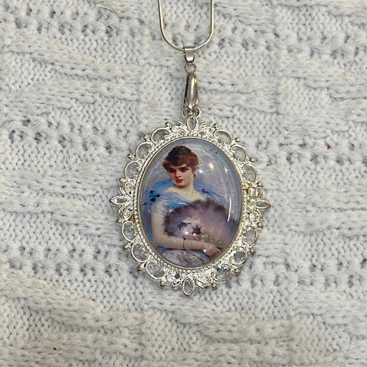 Vintage Style Glass Cabochon Victorian Lady in White with Fan Pendant Necklace