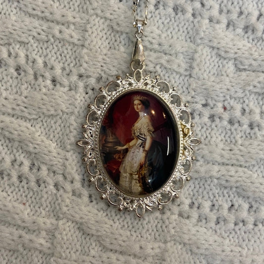 Vintage Style Glass Cabochon Victorian Lady in Red Pendant Necklace