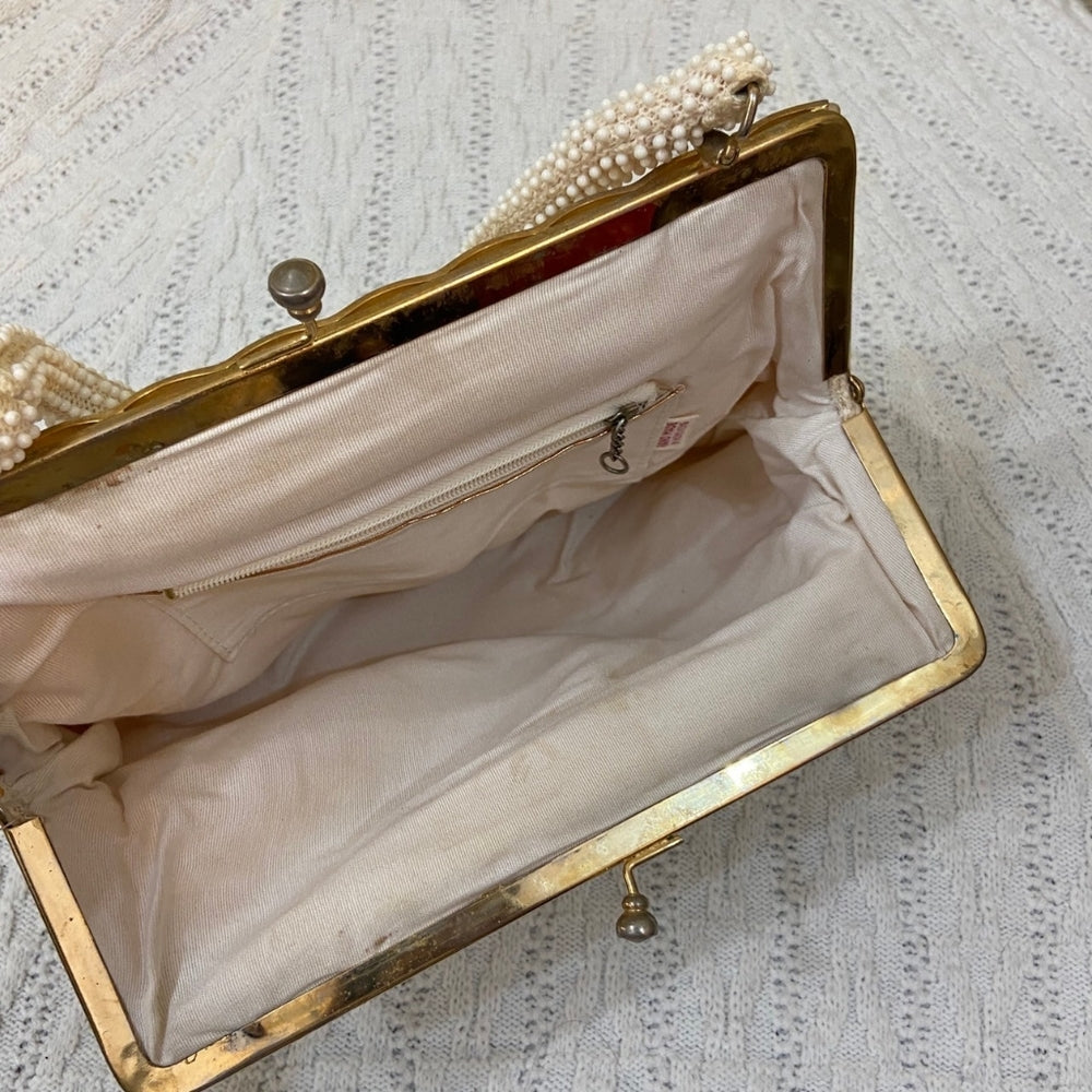 Vintage White Beaded Hand Bag with Mother of Pearl Clasp