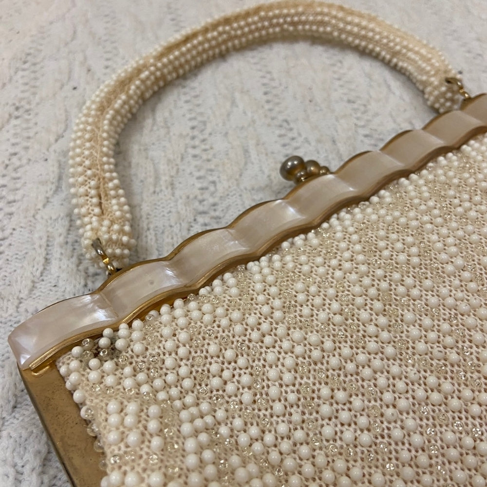 Vintage White Beaded Hand Bag with Mother of Pearl Clasp