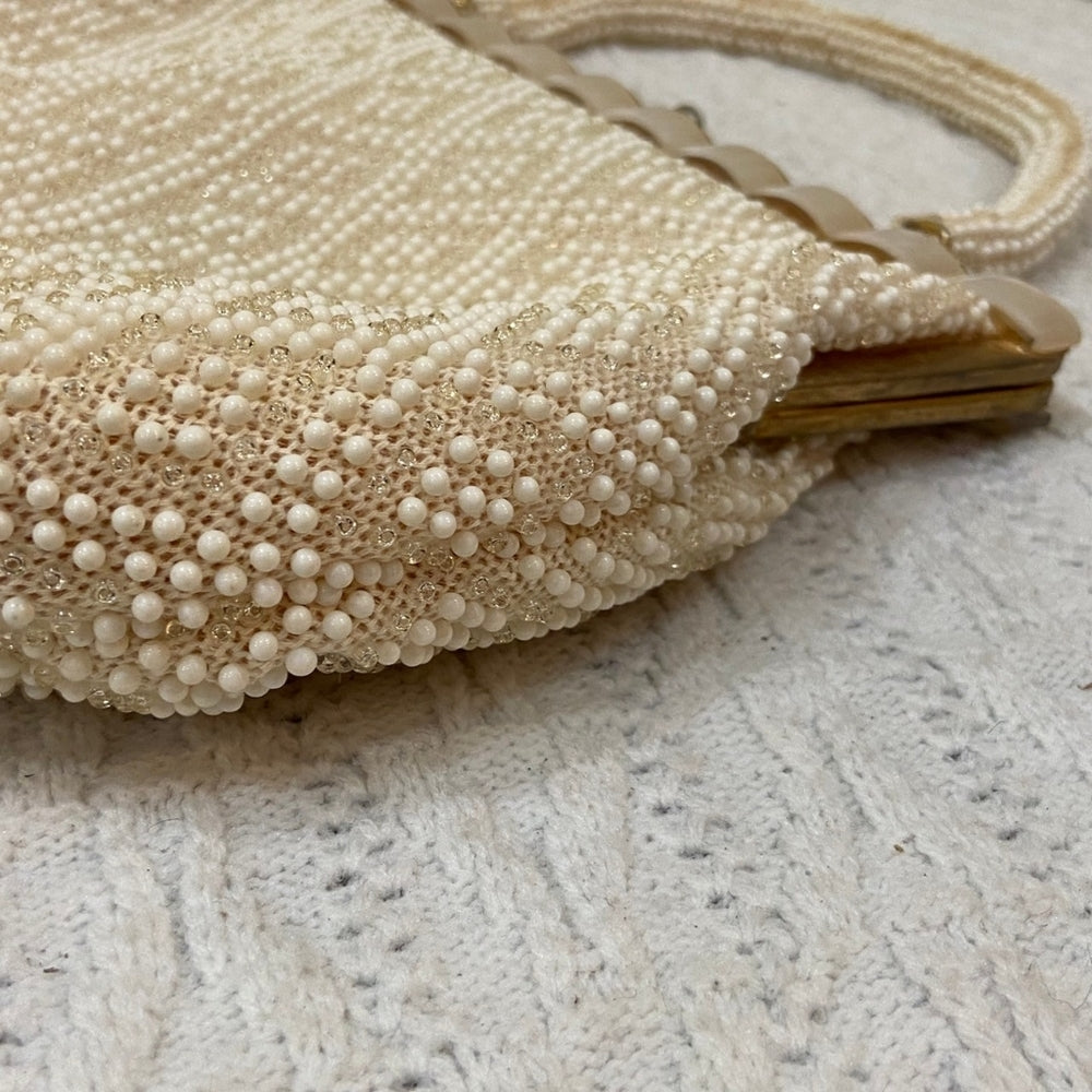 Vintage White Beaded Hand Bag with Mother of Pearl Clasp