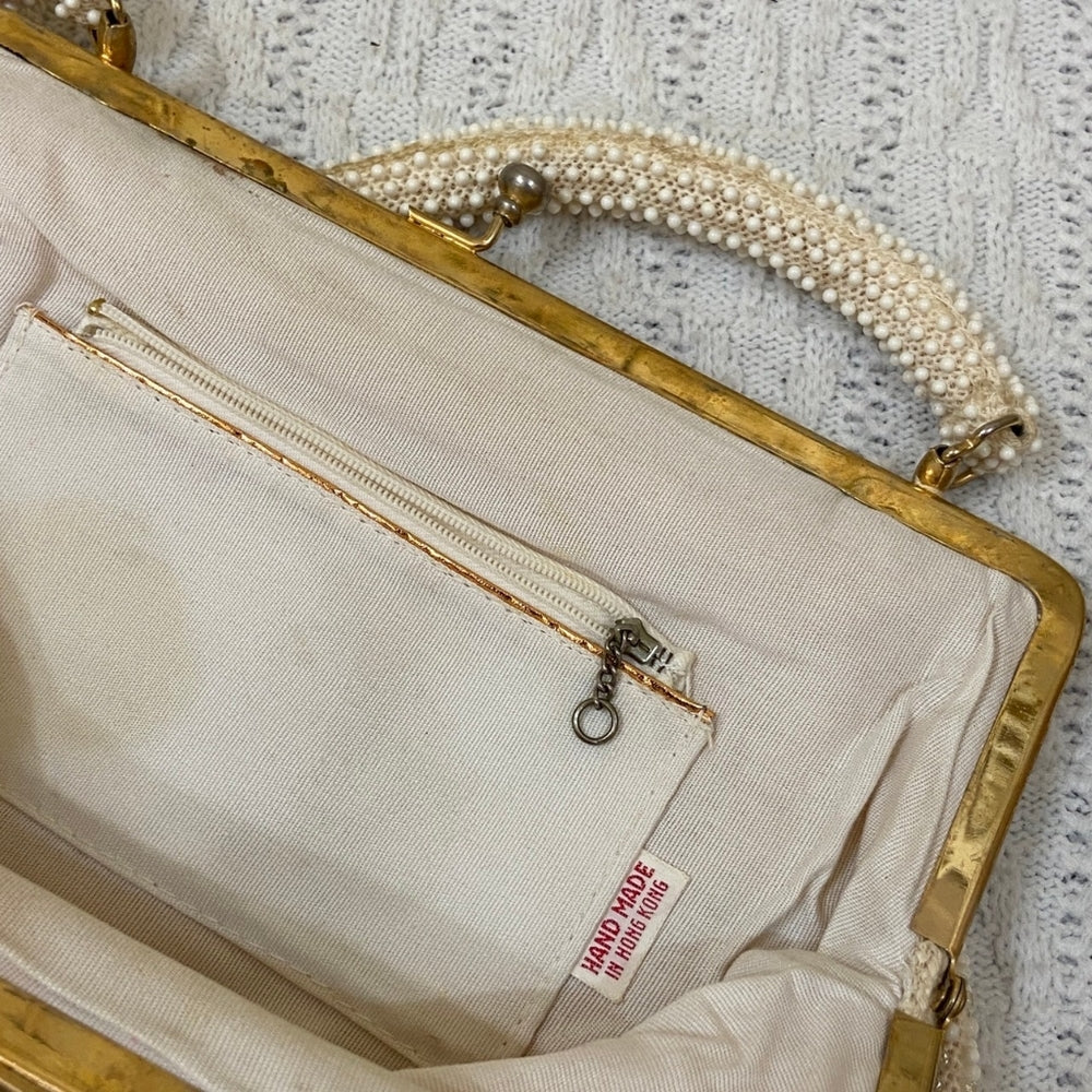 Vintage White Beaded Hand Bag with Mother of Pearl Clasp