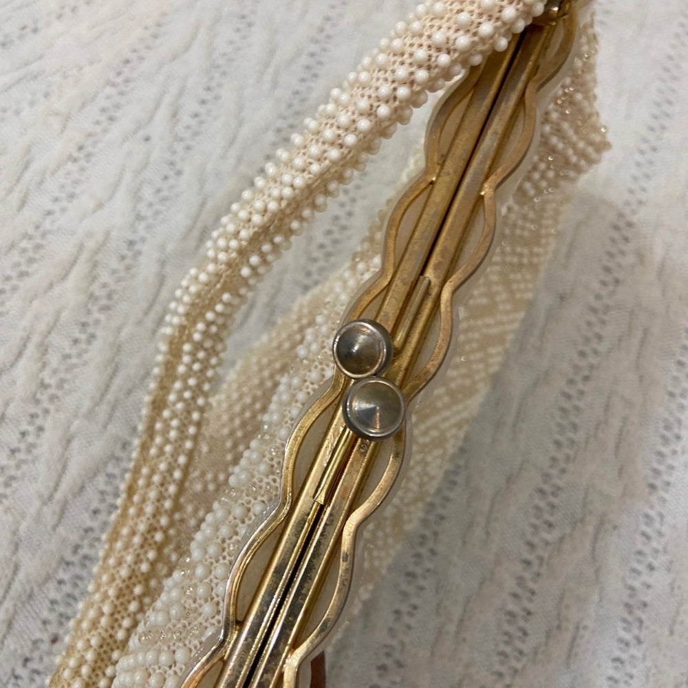 Vintage White Beaded Hand Bag with Mother of Pearl Clasp