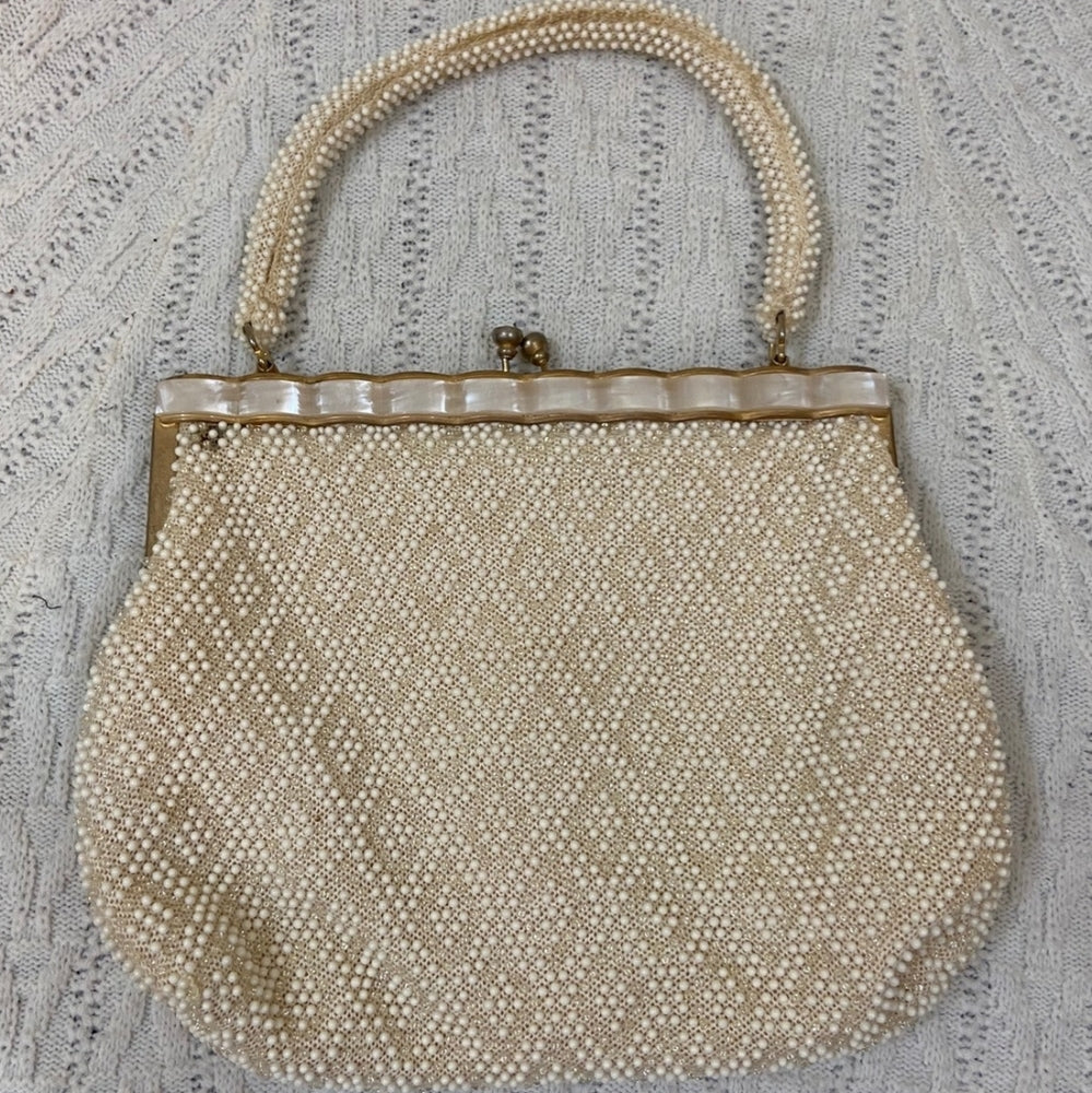 Vintage White Beaded Hand Bag with Mother of Pearl Clasp
