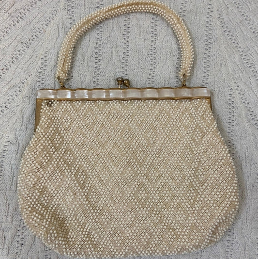 Vintage White Beaded Hand Bag with Mother of Pearl Clasp