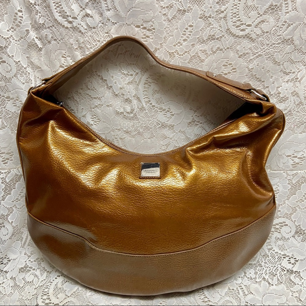 Authentic Simply Vera Wang Large Gold Vernis Enamel Hobo Shoulder Bag