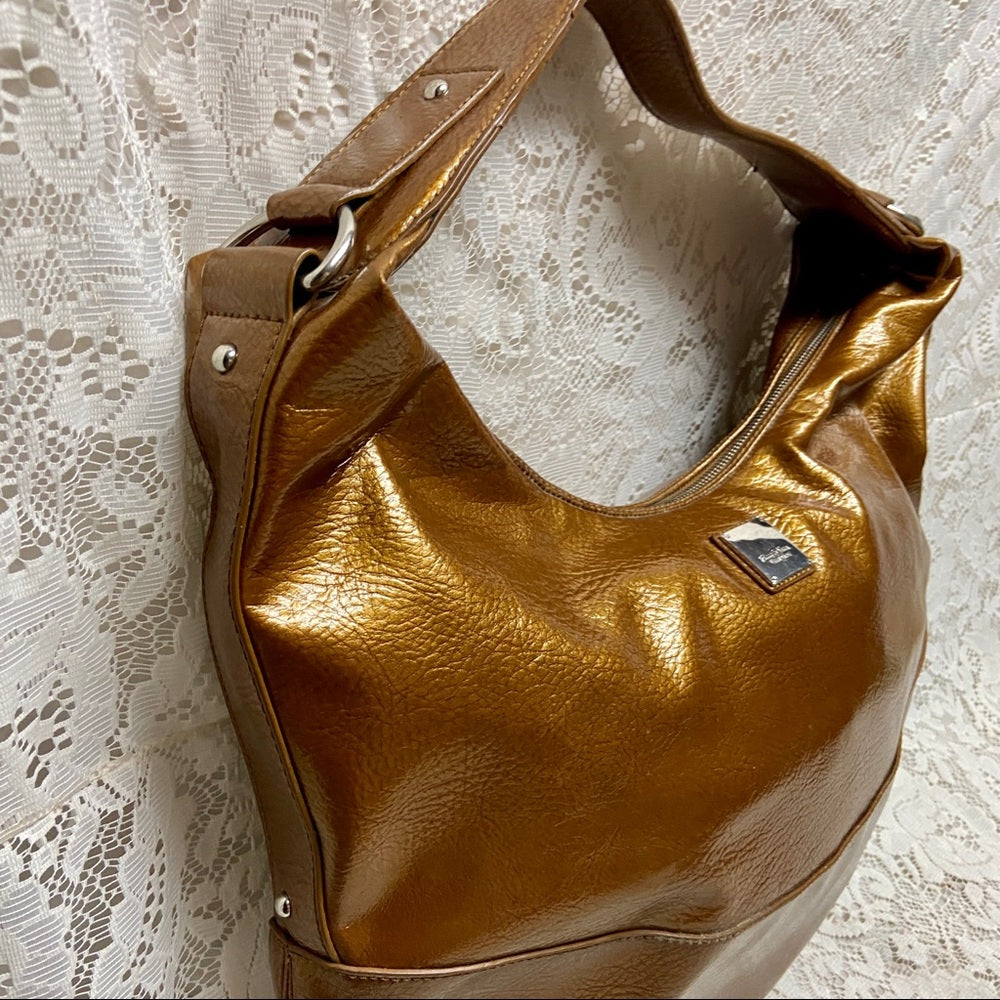 Authentic Simply Vera Wang Large Gold Vernis Enamel Hobo Shoulder Bag