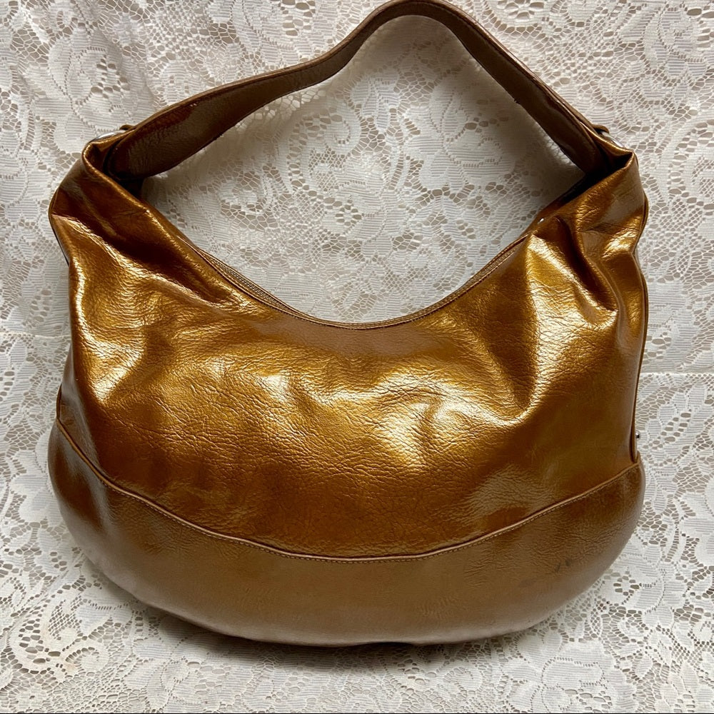Authentic Simply Vera Wang Large Gold Vernis Enamel Hobo Shoulder Bag