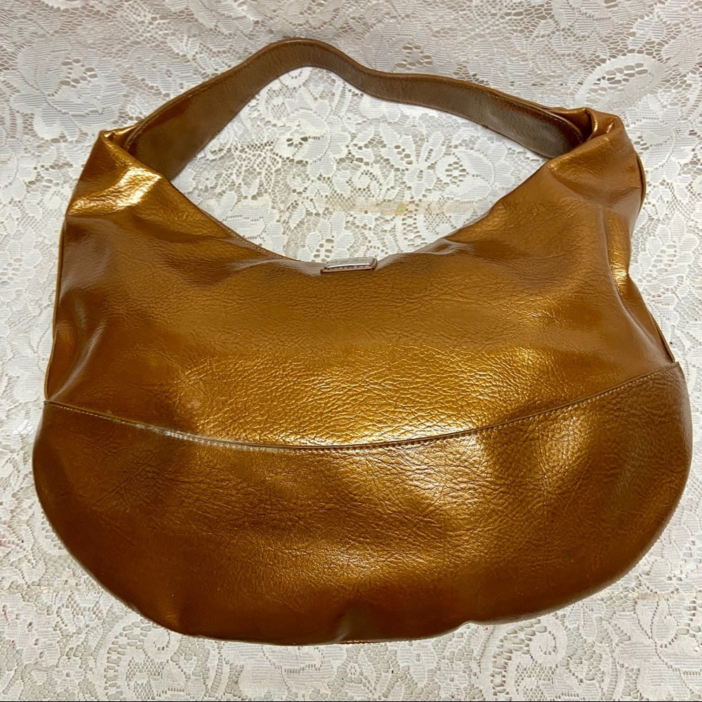 Authentic Simply Vera Wang Large Gold Vernis Enamel Hobo Shoulder Bag