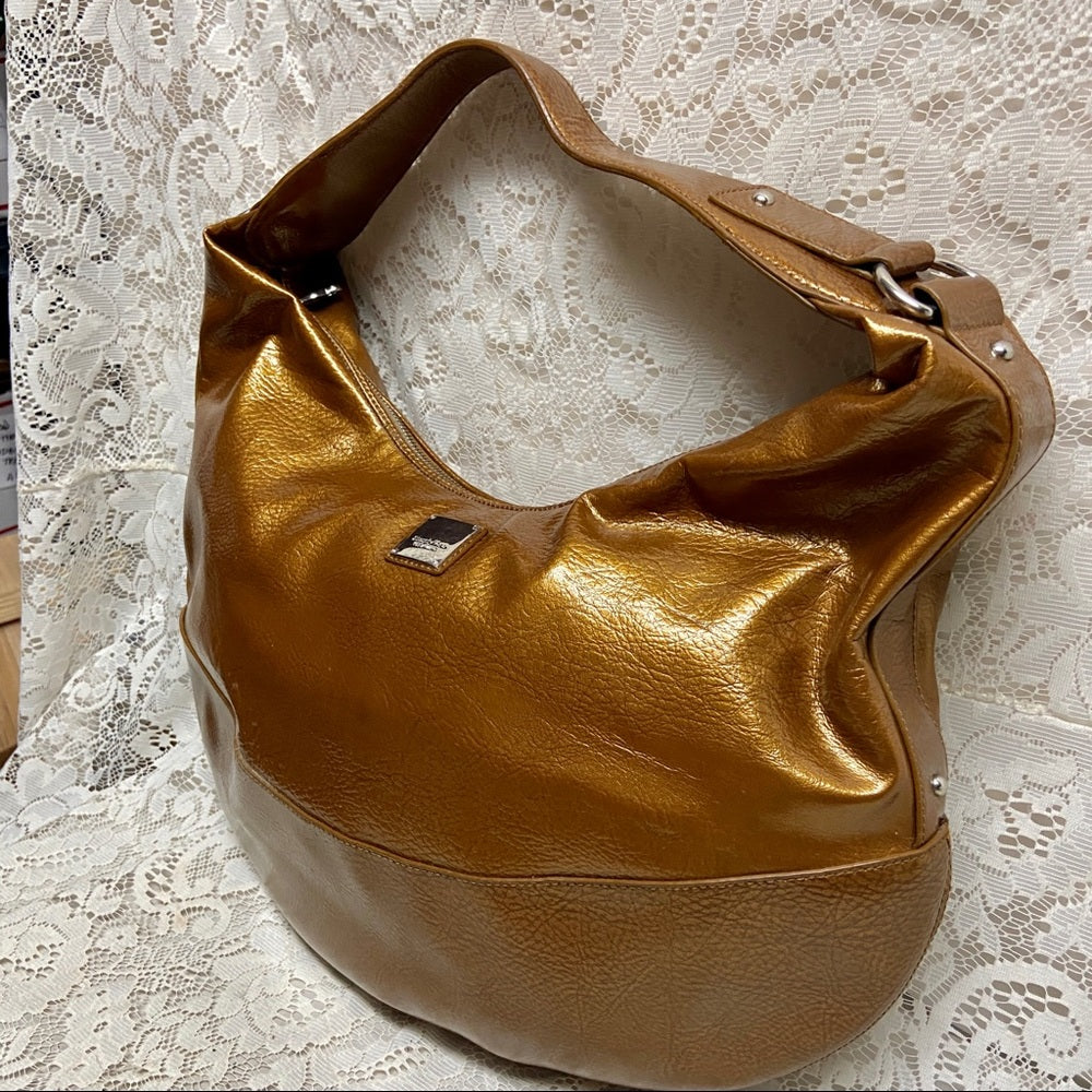 Authentic Simply Vera Wang Large Gold Vernis Enamel Hobo Shoulder Bag