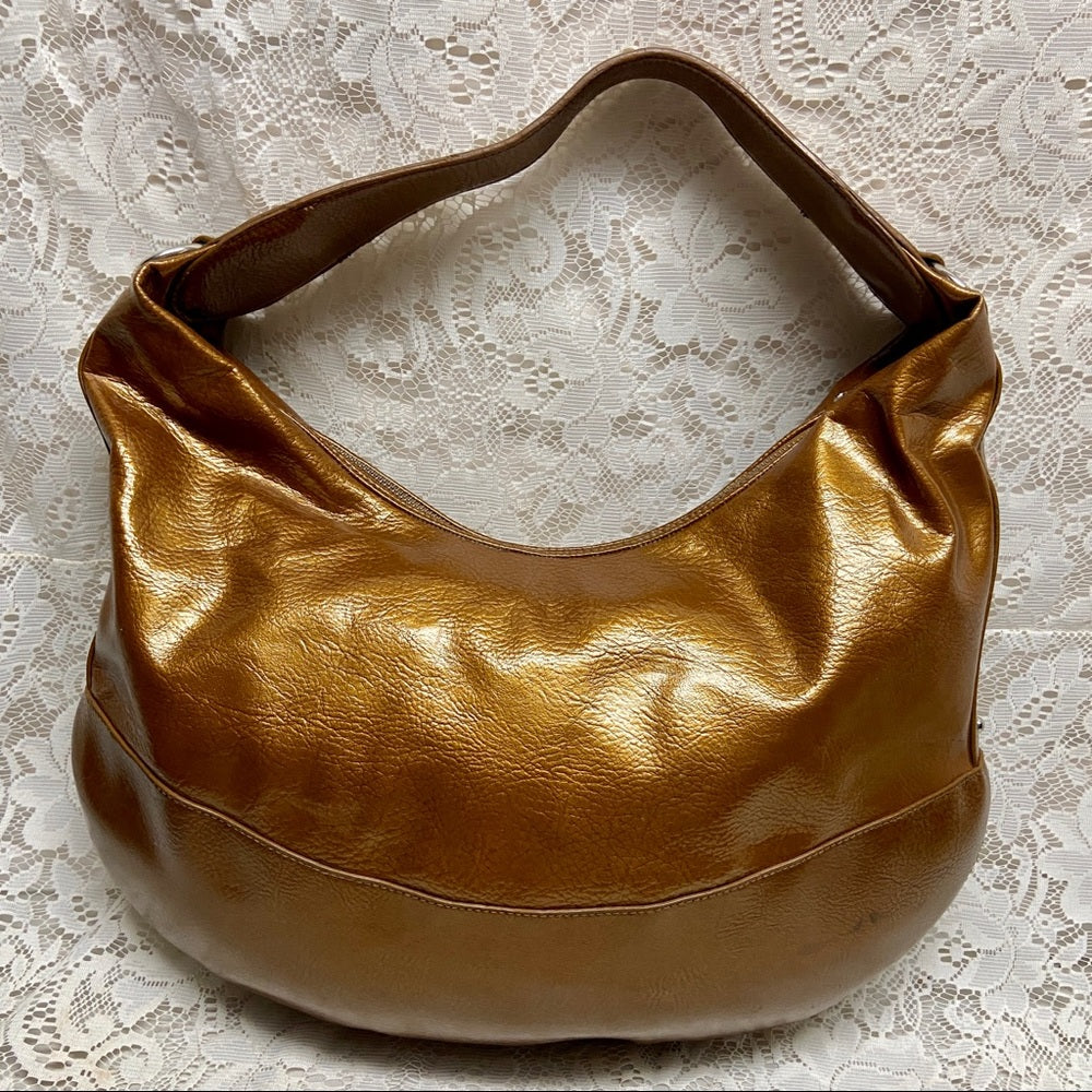 Authentic Simply Vera Wang Large Gold Vernis Enamel Hobo Shoulder Bag