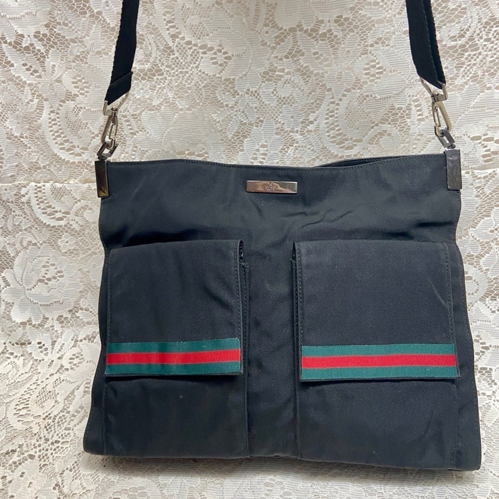 Vintage Gucci Italy Black Denim-Canvas Shoulder Bag