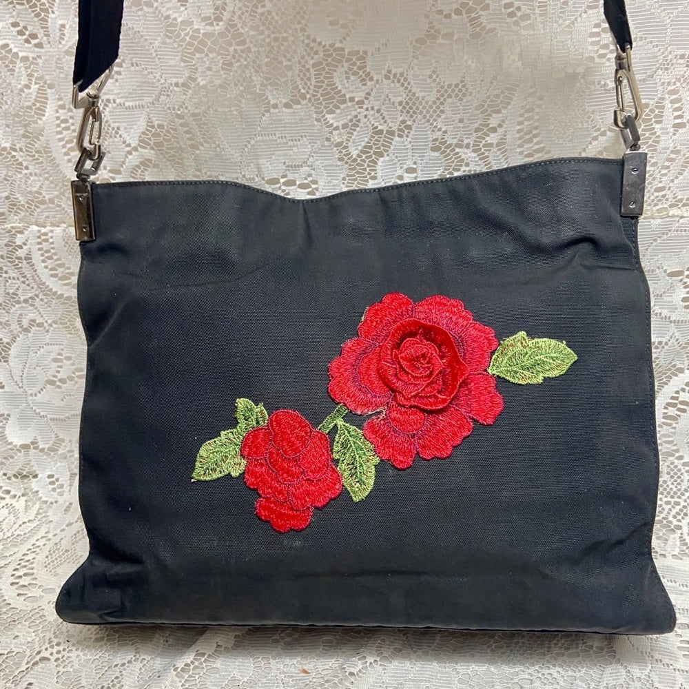 Vintage Gucci Italy Black Denim-Canvas Shoulder Bag