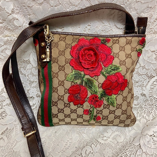 Vintage Gucci Brown Mono Red Floral Crossbody