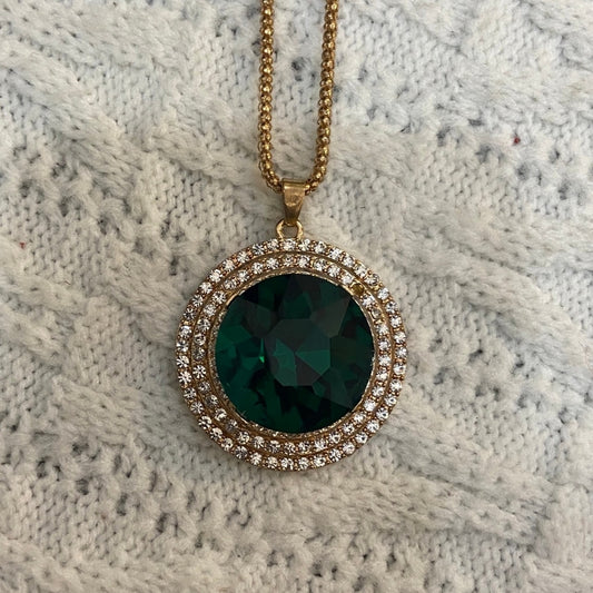 Gold Toned Faux Emerald Necklace decorated with Rhinestones