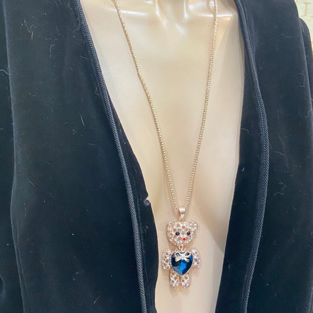 Bear Blue Heart Rhinestones Pendant Gold Toned Necklace