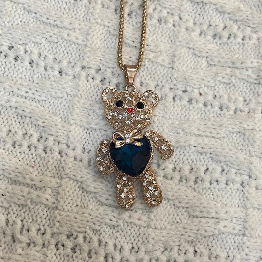 Bear Blue Heart Rhinestones Pendant Gold Toned Necklace