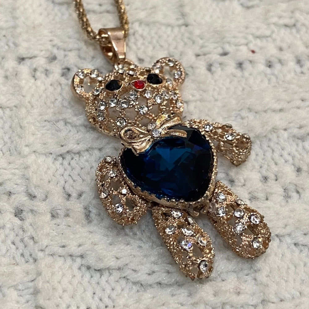 Bear Blue Heart Rhinestones Pendant Gold Toned Necklace