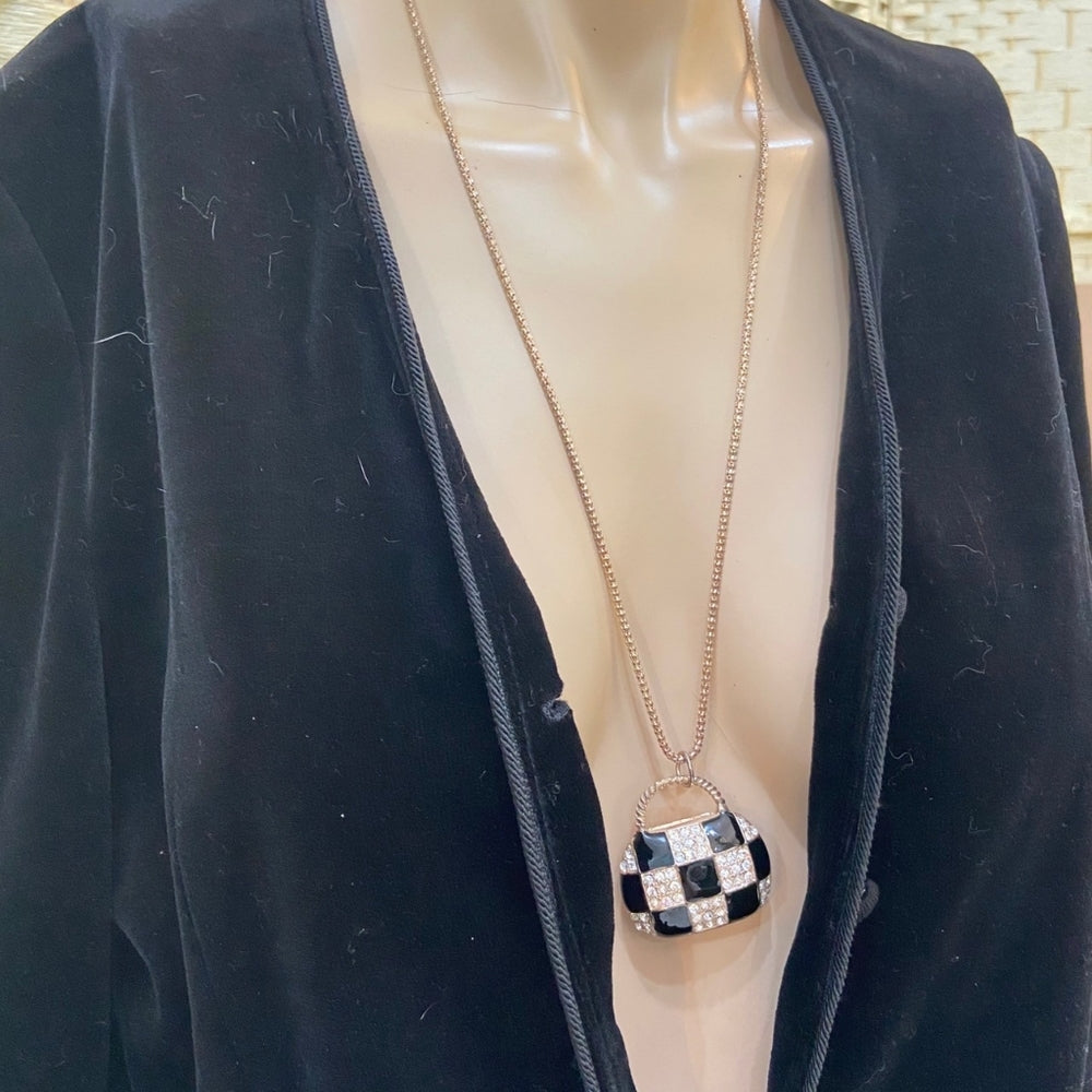 Plaid Black Enamel Rhinestone Purse Necklace